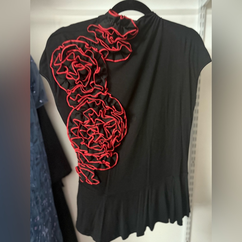 Gracia Black Top with Red Ruffle Rosettes